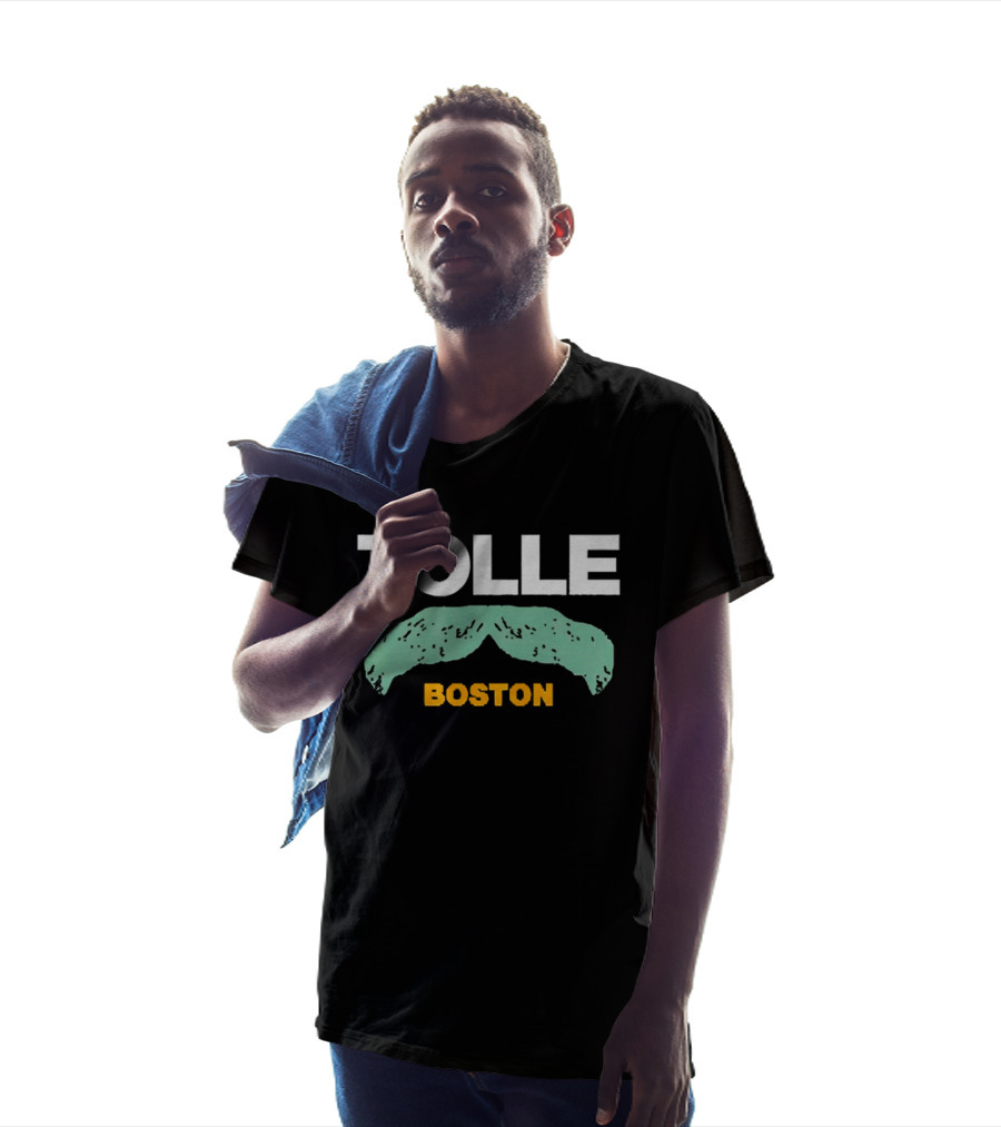 Tolle Boston White And Yellow Distressed Green Mustache T-Shirt