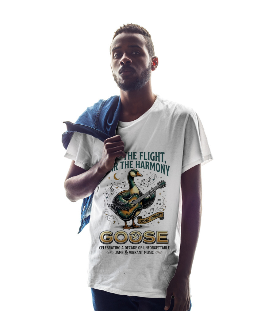 Goose Feel The Flight Hear The Harmony Cosmic Journey Celebrating A Decade Of Unforgettable Jams And Vibrant Music Moon Guitar Notes T-Shirt