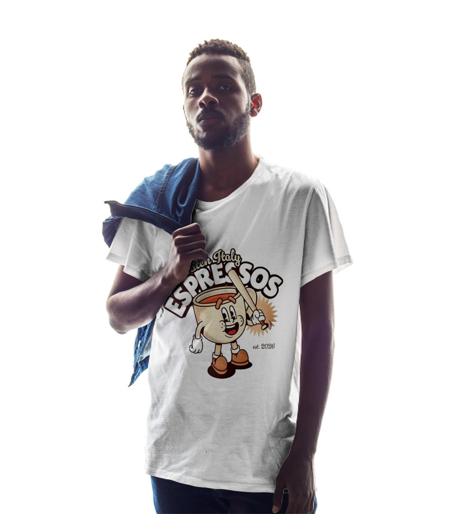 Staten Italy Espressos Est 2026 Cartoon Coffee Cup With Baseball Bat T-Shirt
