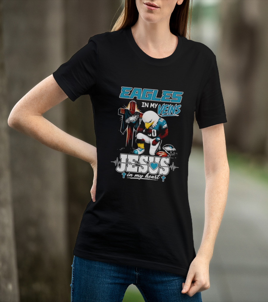 Eagles In My Veins Jesus In My Heart Kneeling Cross Football Helmet T-Shirt