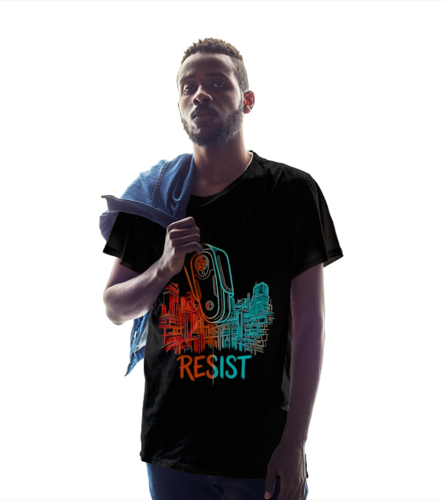 Resist Surveillance Neon City Skyline Security Camera T-Shirt