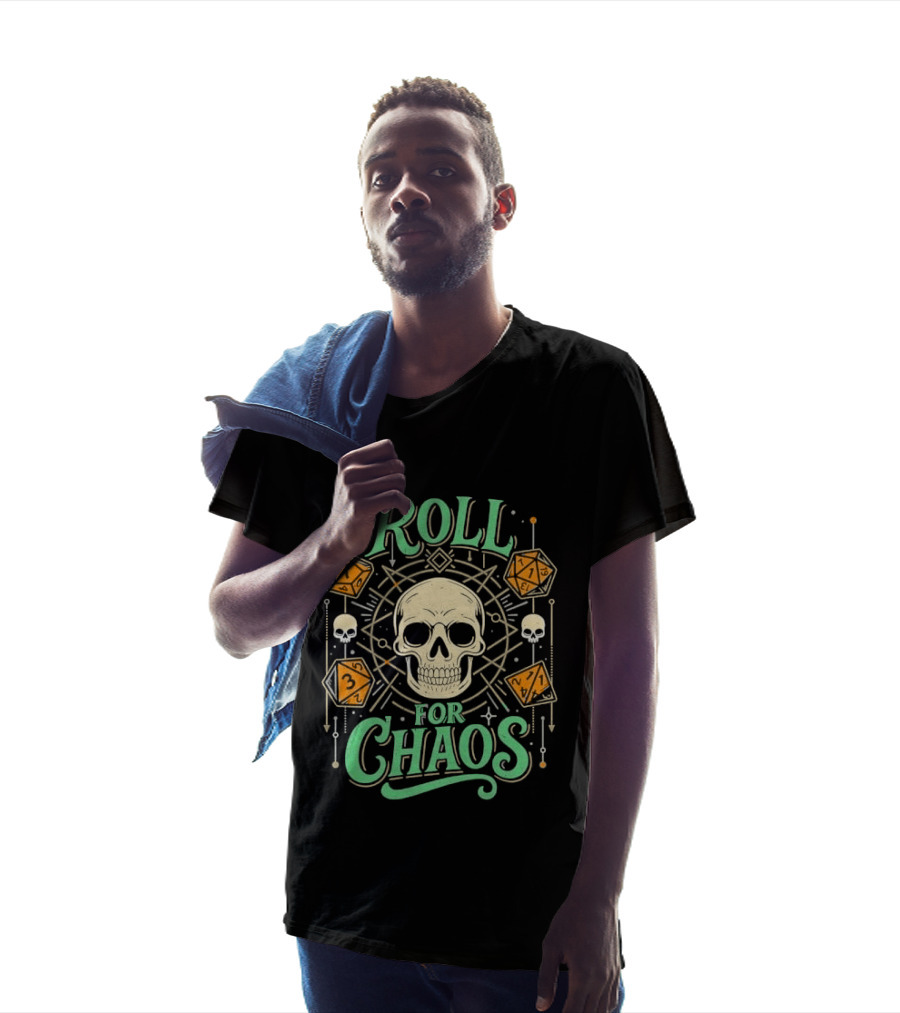 Roll For Chaos Skull RPG Dice Geometric Polyhedral Line T-Shirt