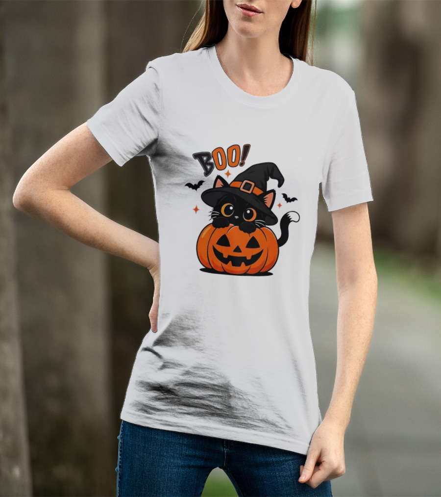 Boo Halloween Black Cat Witch Hat Jack O Lantern Pumpkin T-Shirt