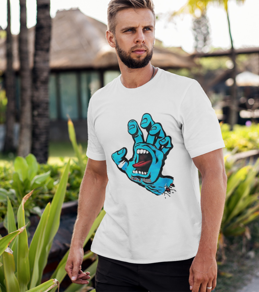 Santa Cruz Blue Screaming Hand Open Mouth Tongue Cartoon T-Shirt