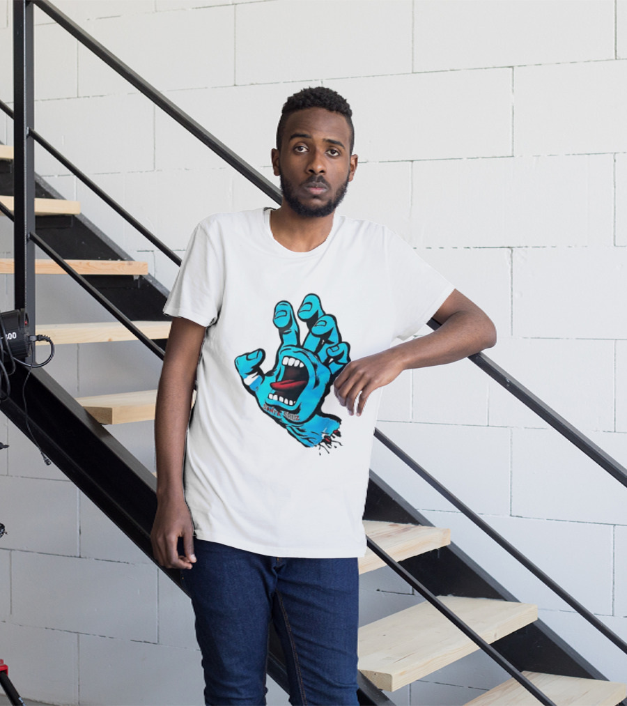 Santa Cruz Blue Screaming Hand Open Mouth Tongue Cartoon T-Shirt