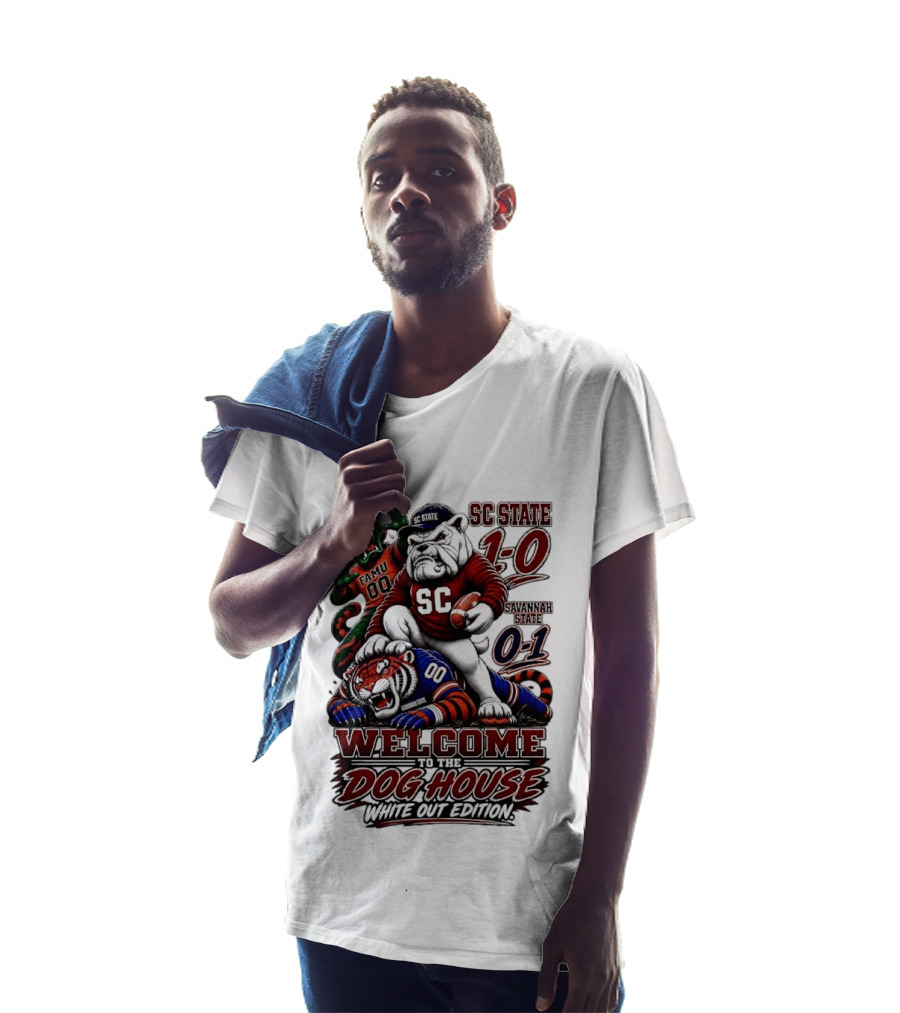 South Carolina State Bulldogs 1 0 Welcome To The Dog House White Out Edition Cartoon Tackling Tiger Savannah State 0 1 FAMU 00 T-Shirt