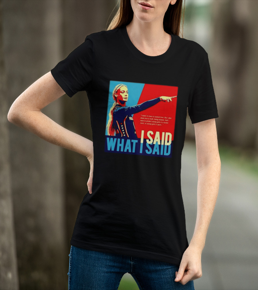 I Said What Blonde Female Athlete Pointing Red Blue Stylized Truth Honesty Protecting Young Girls In Sport T-Shirt