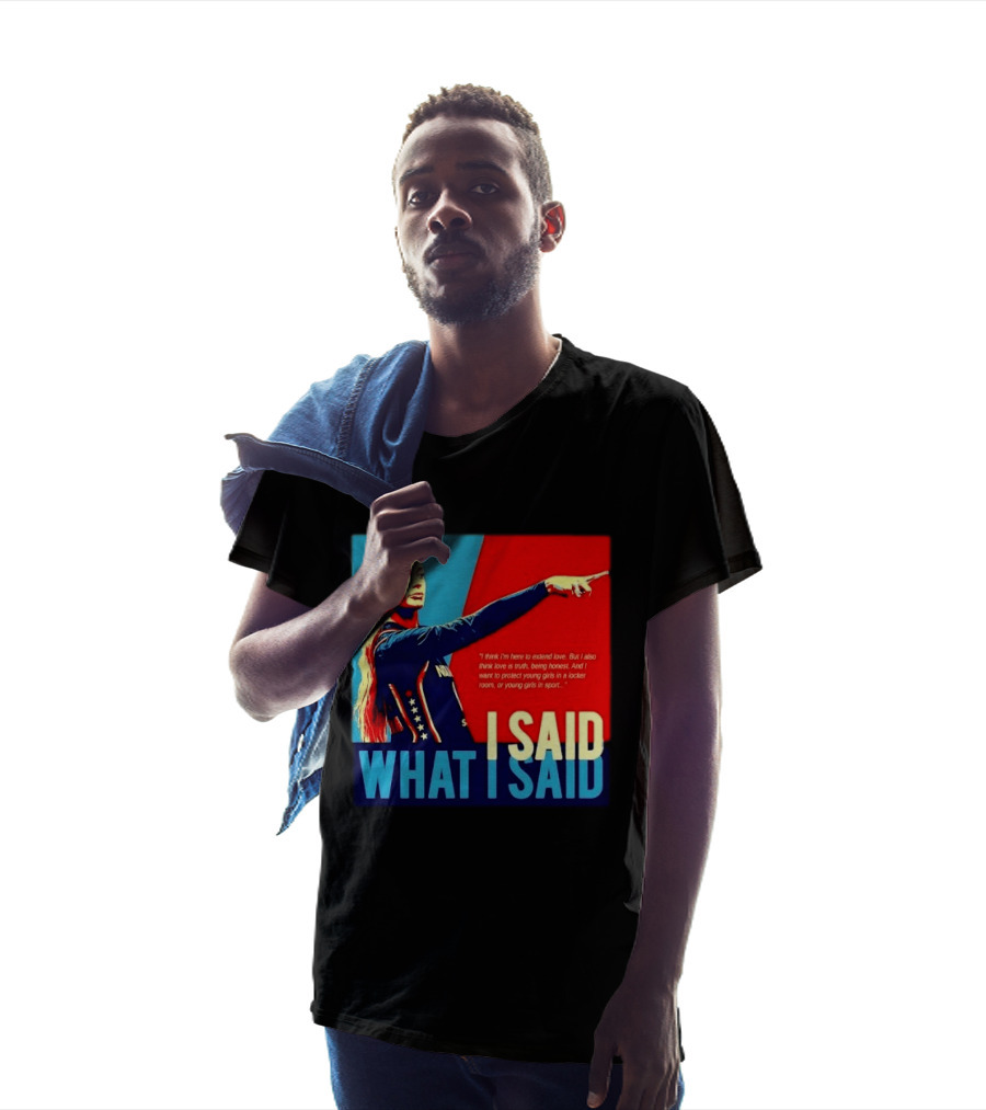 I Said What Blonde Female Athlete Pointing Red Blue Stylized Truth Honesty Protecting Young Girls In Sport T-Shirt