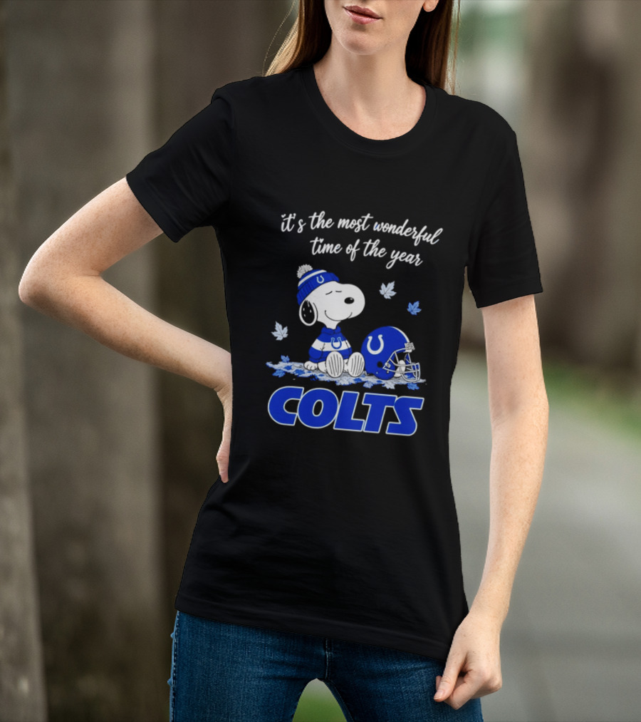 Indianapolis Colts Snoopy Beanie Helmet Leaves It's The Most Wonderful Time Of The Year T-Shirt