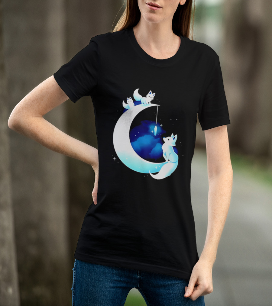 Glowing White Arctic Foxes Crescent Moon Crystal Night Sky T-Shirt