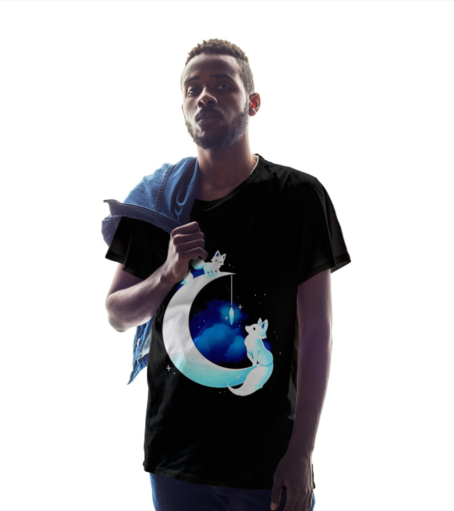 Glowing White Arctic Foxes Crescent Moon Crystal Night Sky T-Shirt