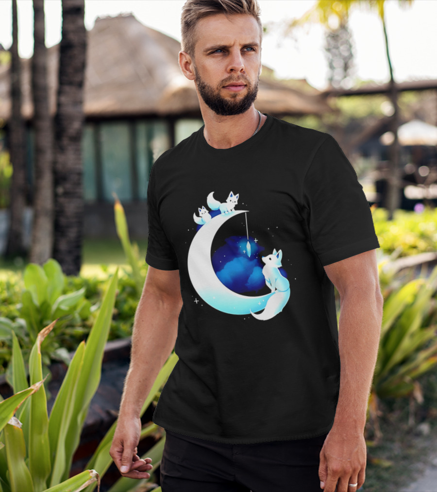 Glowing White Arctic Foxes Crescent Moon Crystal Night Sky T-Shirt