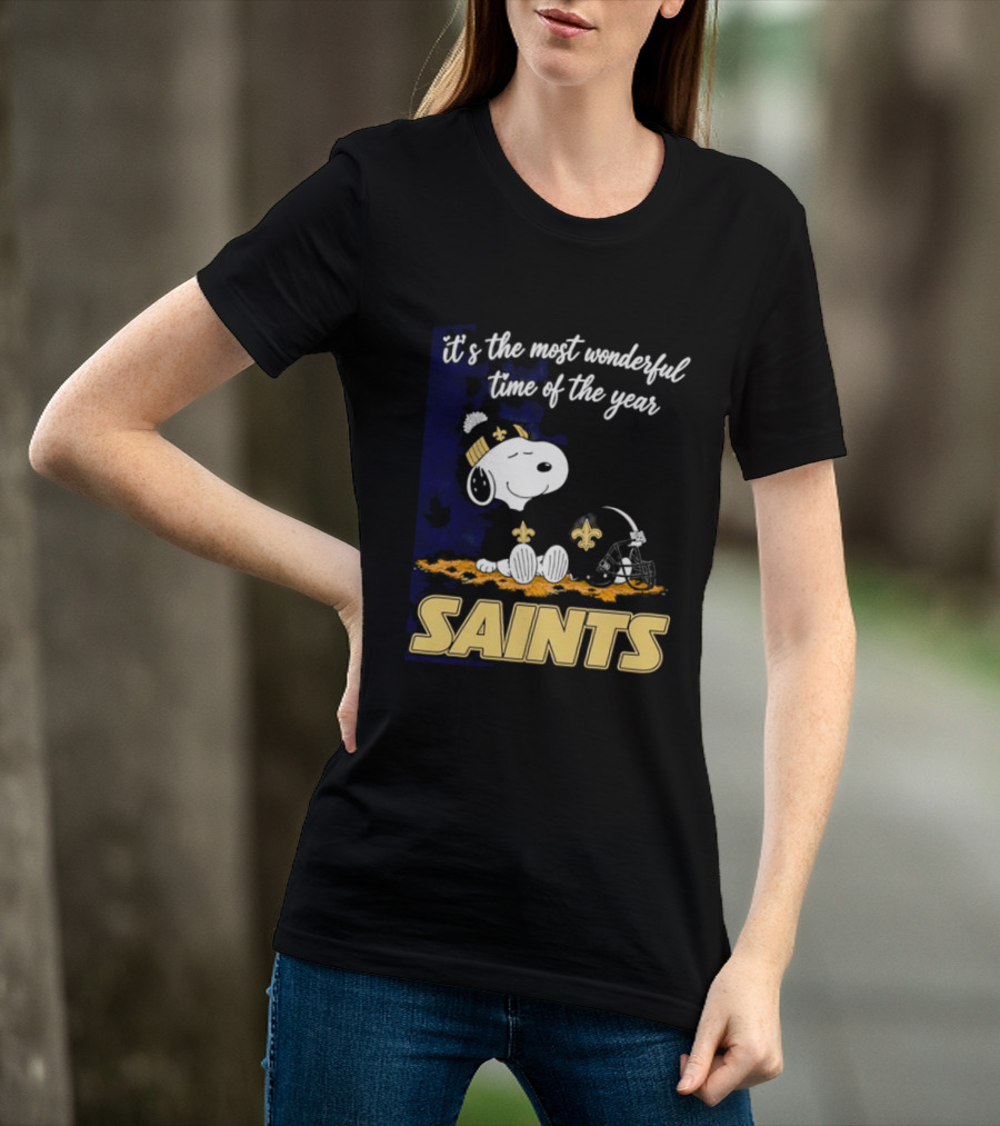 New Orleans Saints Snoopy Beanie Helmet Autumn Leaves Most Wonderful Time Of Year T-Shirt