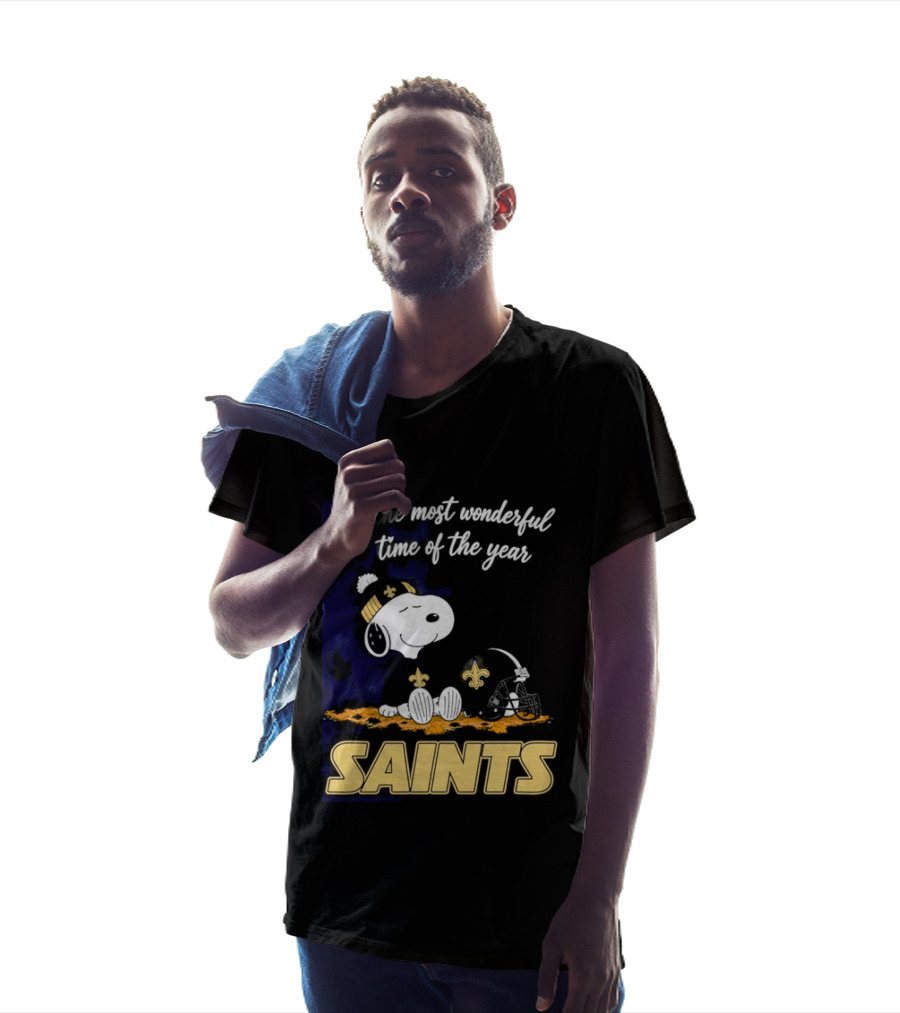 New Orleans Saints Snoopy Beanie Helmet Autumn Leaves Most Wonderful Time Of Year T-Shirt