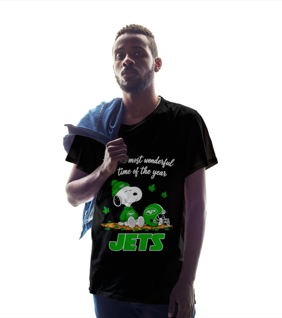 New York Jets It's The Most Wonderful Time Of Year Cartoon Dog Beanie Helmet Autumn Leaves T-Shirt