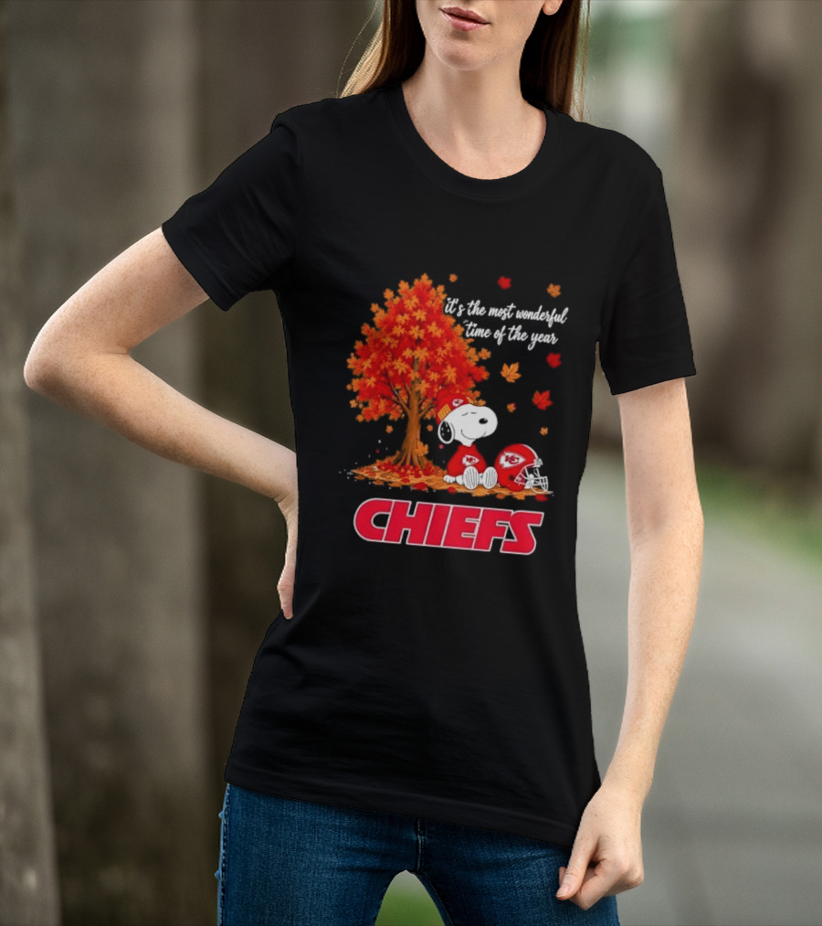 Kansas City Chiefs Snoopy Autumn Tree Football Helmet Most Wonderful Time Of The Year T-Shirt