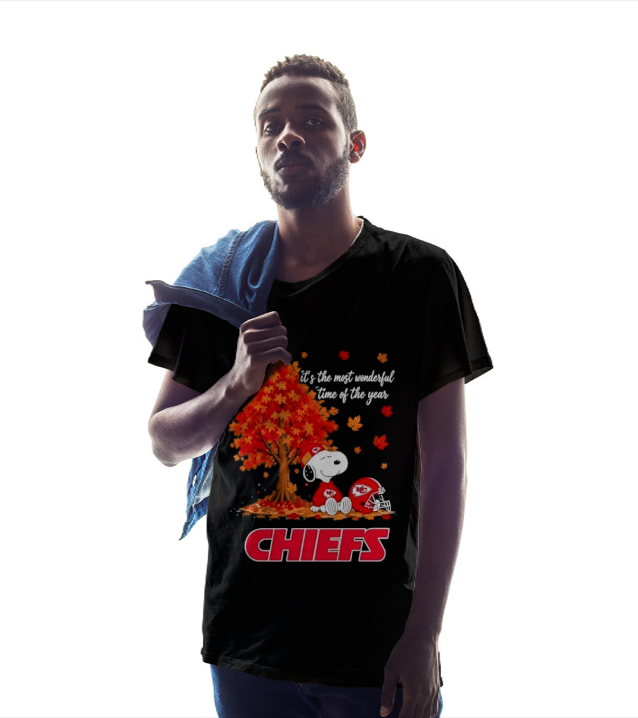 Kansas City Chiefs Snoopy Autumn Tree Football Helmet Most Wonderful Time Of The Year T-Shirt