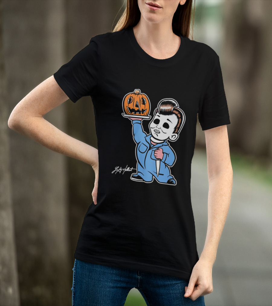 Lucky Hellcat Michael Myers Cartoon Pumpkin Knife Caricature T-Shirt