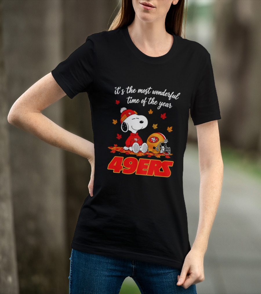 San Francisco 49ers Snoopy Beanie Autumn Leaves Most Wonderful Time T-Shirt