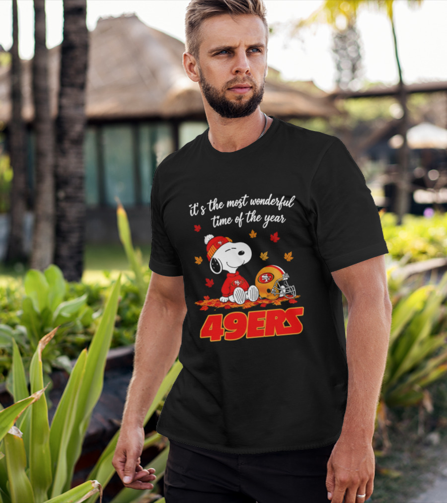 San Francisco 49ers Snoopy Beanie Autumn Leaves Most Wonderful Time T-Shirt