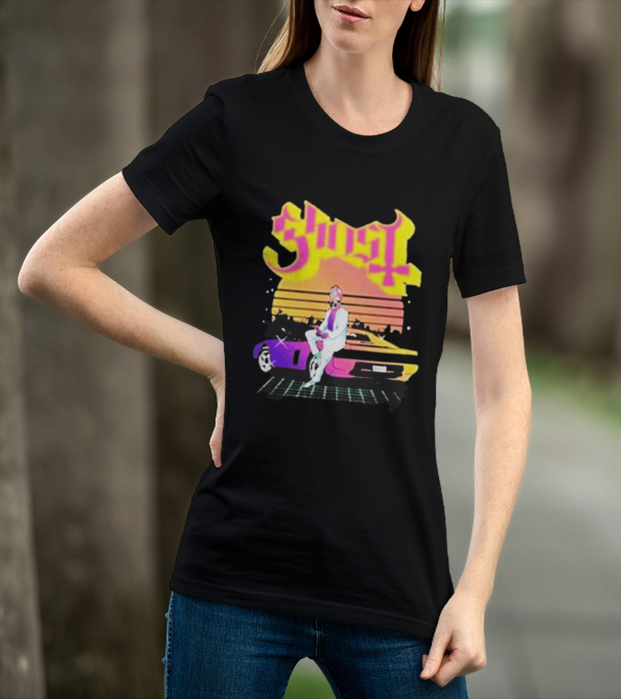 Ghost Miami Vice Retro Sunset Car Scene T-Shirt