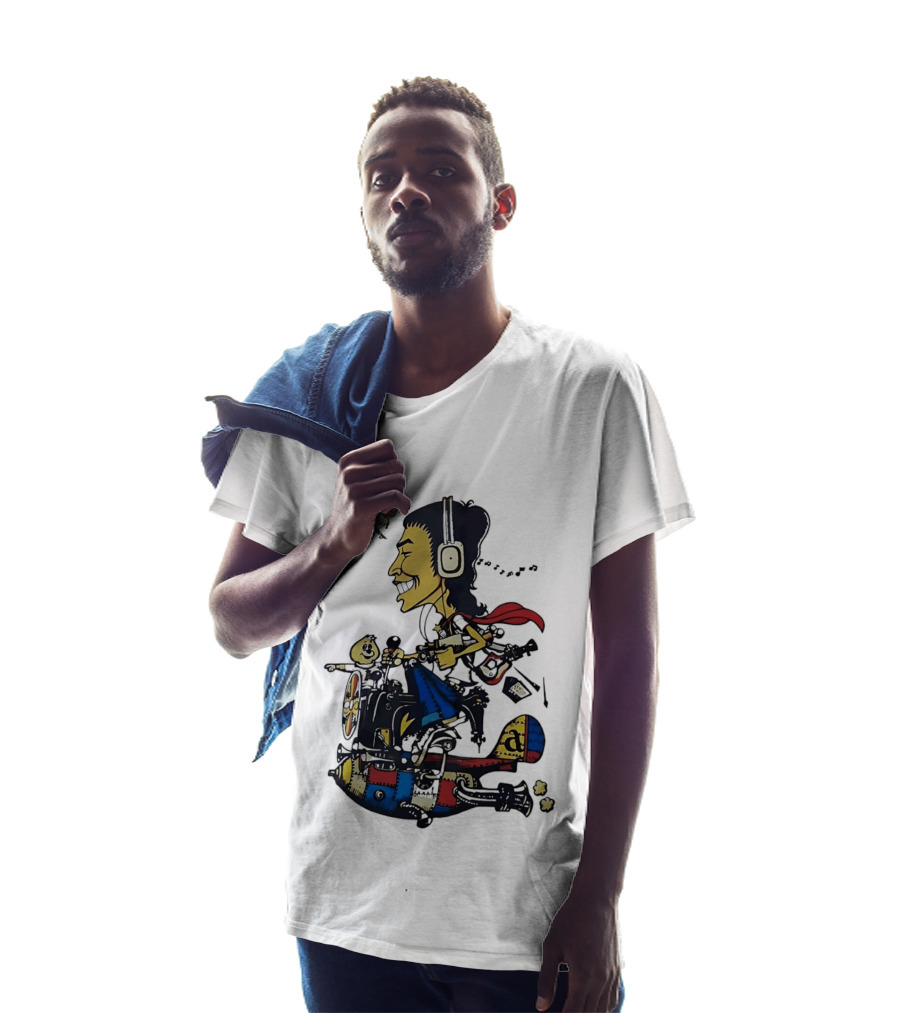 Cartoon Caricature Man With Headphones Riding Flying Rocket Airplane T-Shirt