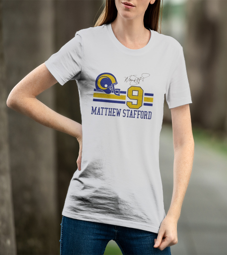 Los Angeles Rams Matthew Stafford Helmet Autograph Number 9 Blue Yellow Stripes T-Shirt