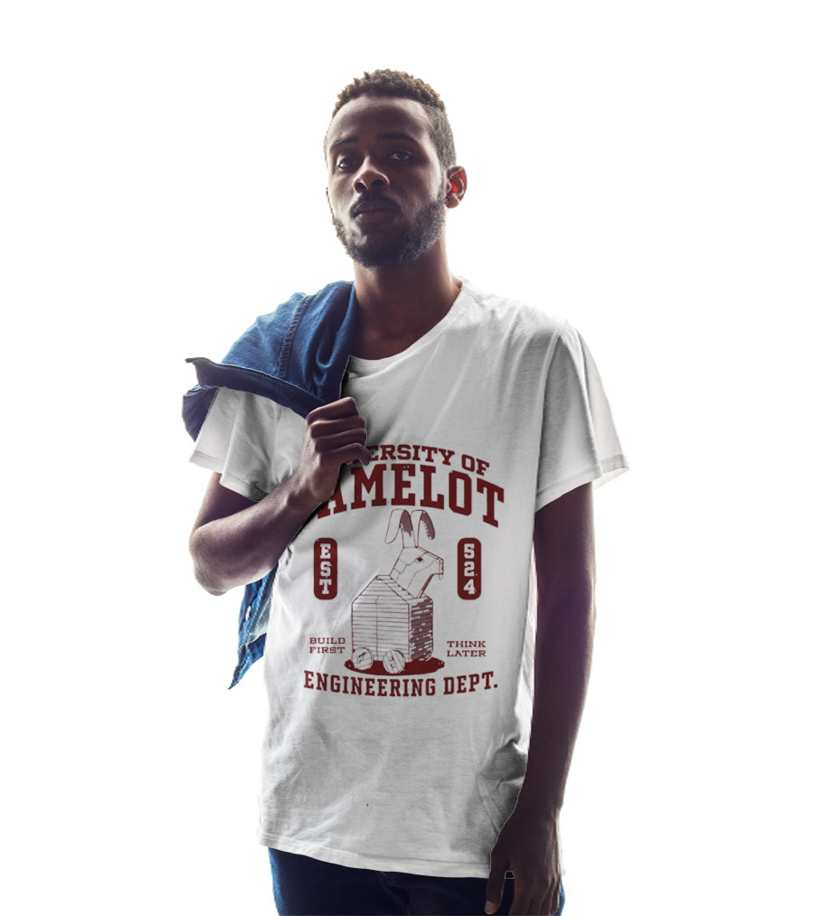 University Of Camelot Engineering Dept Build First Think Later Wooden Trojan Rabbit Wheels Est 524 T-Shirt