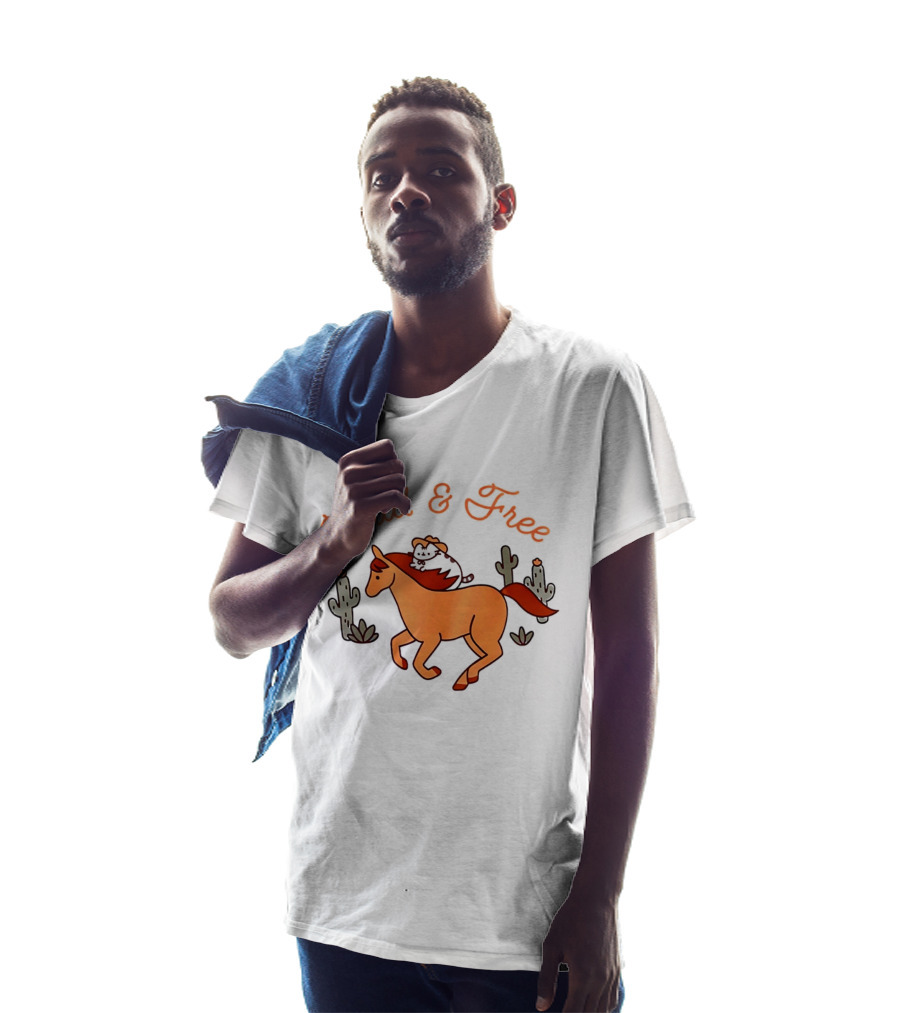 Wild And Free Cartoon Cowboy Cat Galloping Horse Cactus Scene T-Shirt