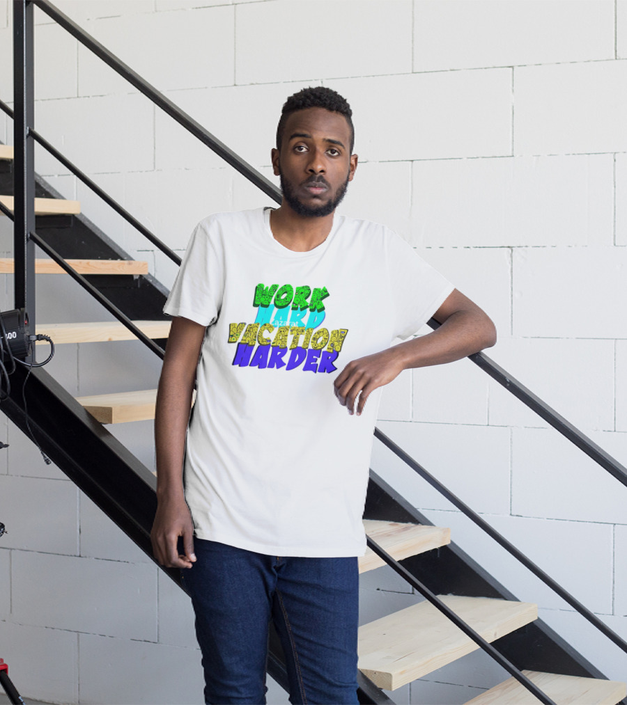Work Hard Vacation Harder Emoji Patterned Colorful T-Shirt