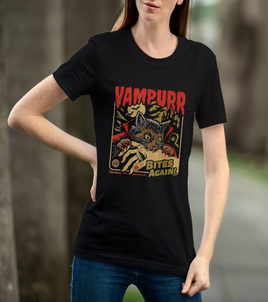 Vampurr Bites Again Vampire Cat Halloween Vintage Spooky Paws T-Shirt