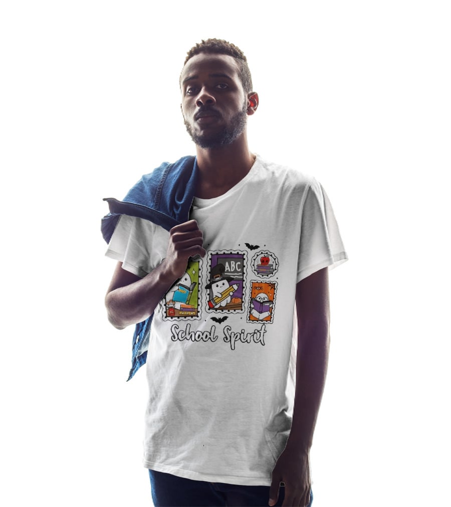 School Spirit Ghosts Holding Books Halloween Postage Stamps ABC Bats T-Shirt