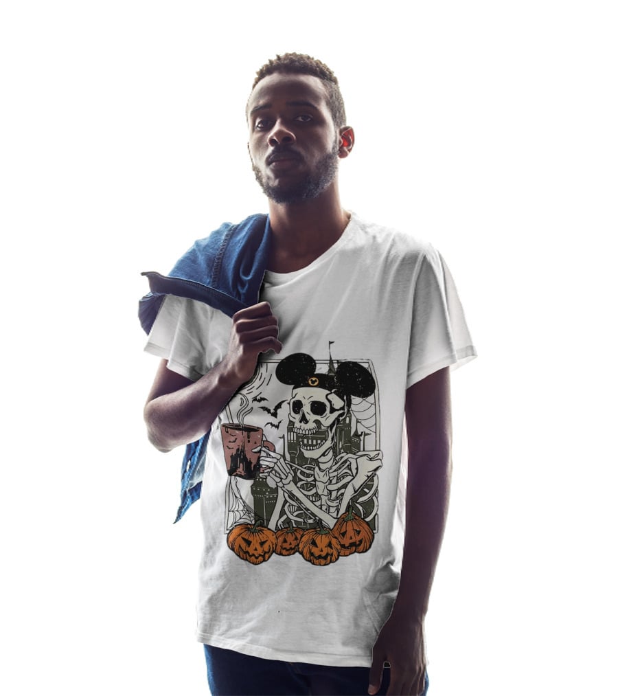 Spooky Skeleton With Coffee Mouse Ears Pumpkins Bats Halloween 2026 T-Shirt