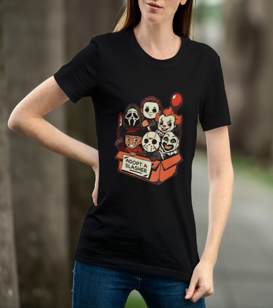 Adopt A Slasher Horror Characters Halloween Box With Iconic Balloon And Masked Monsters T-Shirt