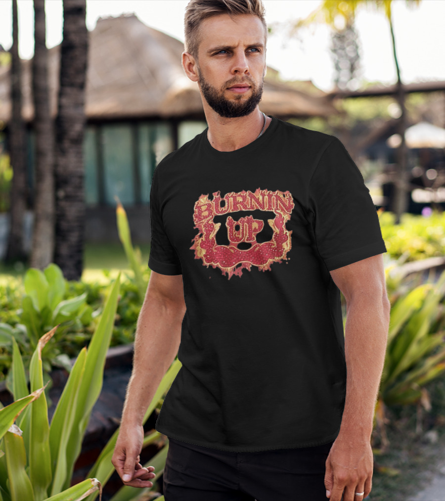 Burnin Up Red Rhinestone Gemstone Lettering Flaming Crest Frame Fiery T-Shirt