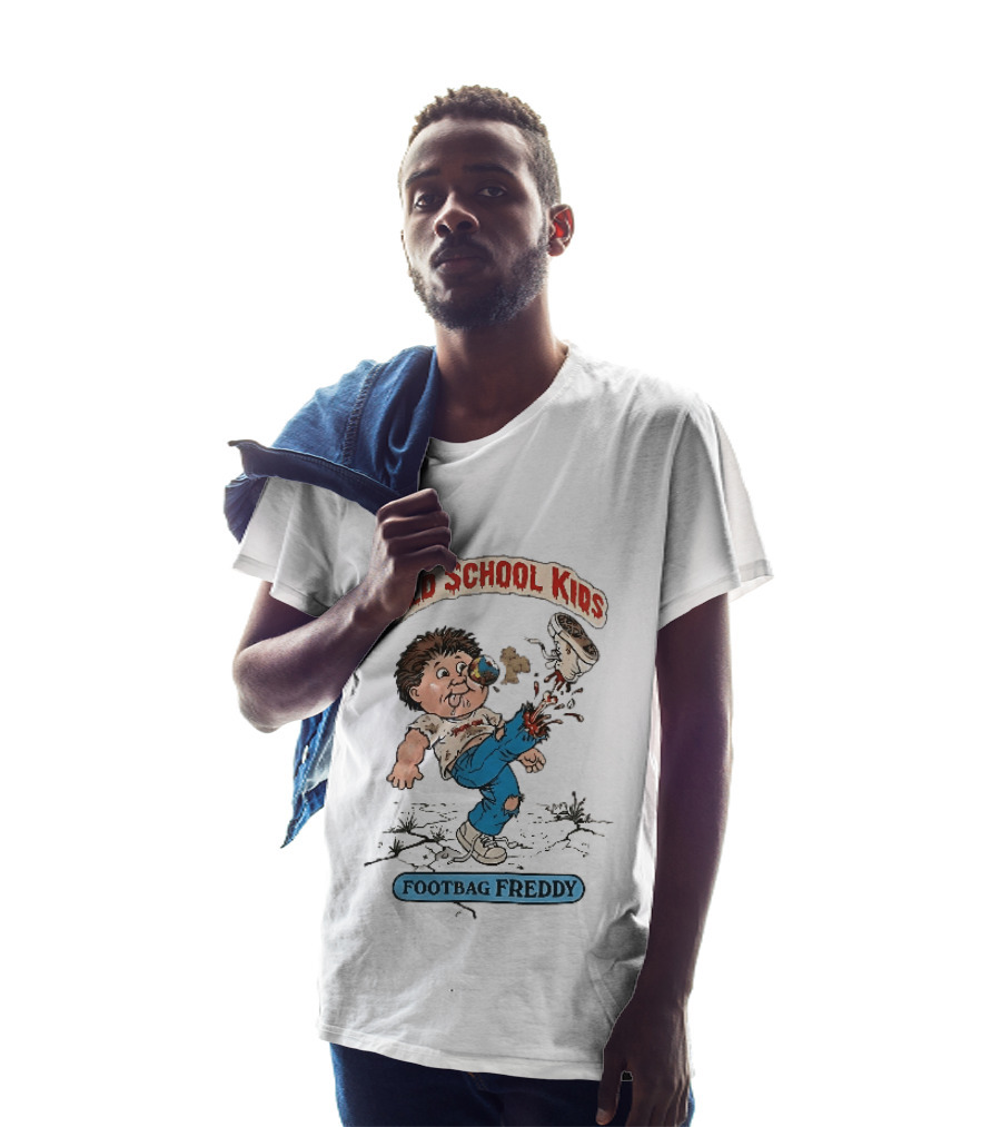 Old School Kids Footbag Freddy Cartoon Caricature Boy Kicking Shoe T-Shirt