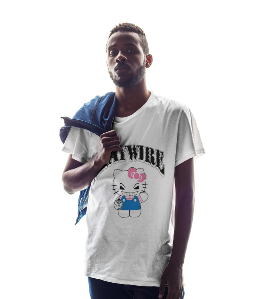 Haywire Hello Kitty Mischievous Grin Pink Bow Blue Overalls T-Shirt