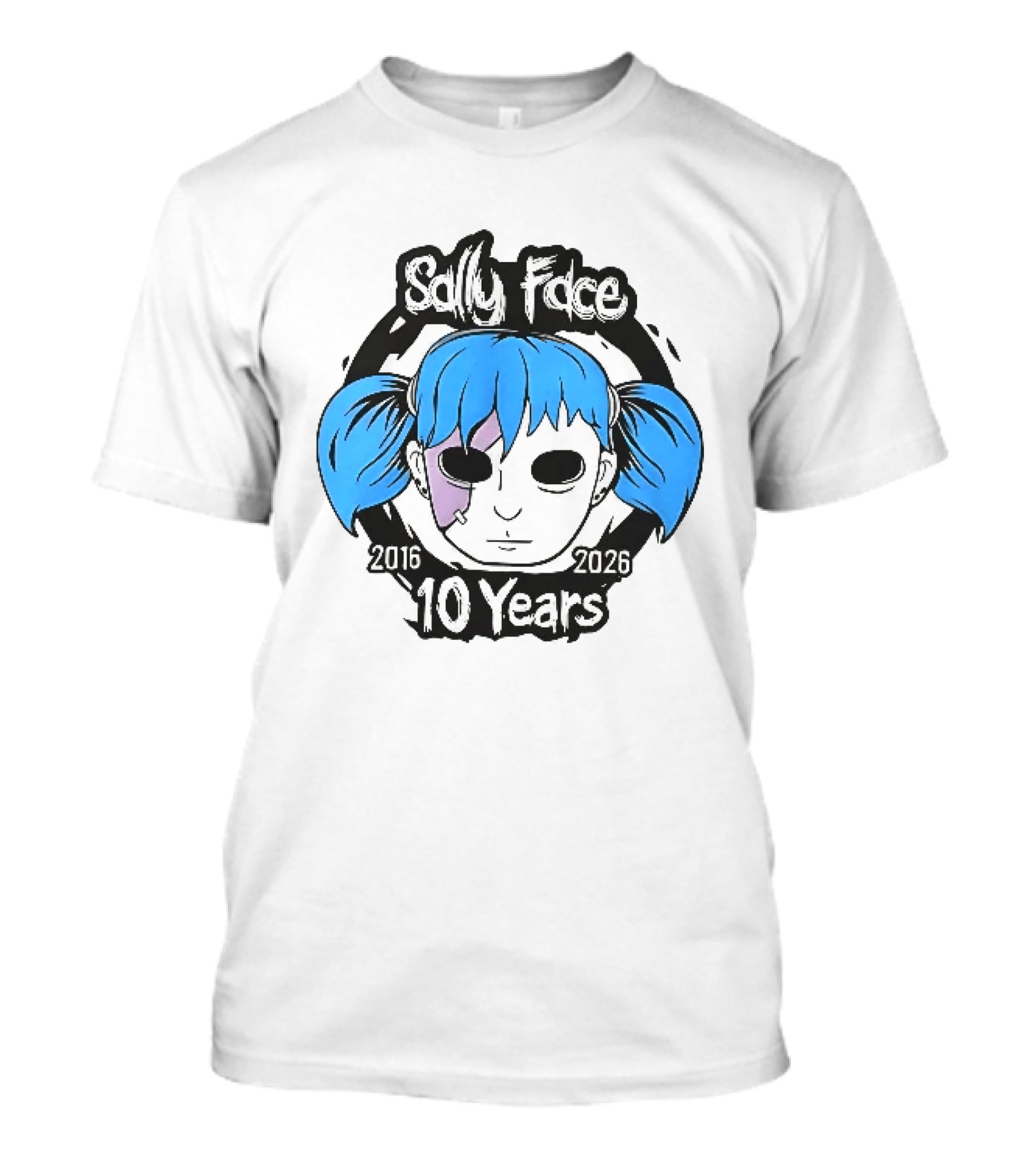 Sally Face 2016 2026 10 Years Cartoon Blue Hair Masked Character Anniversary T-Shirt