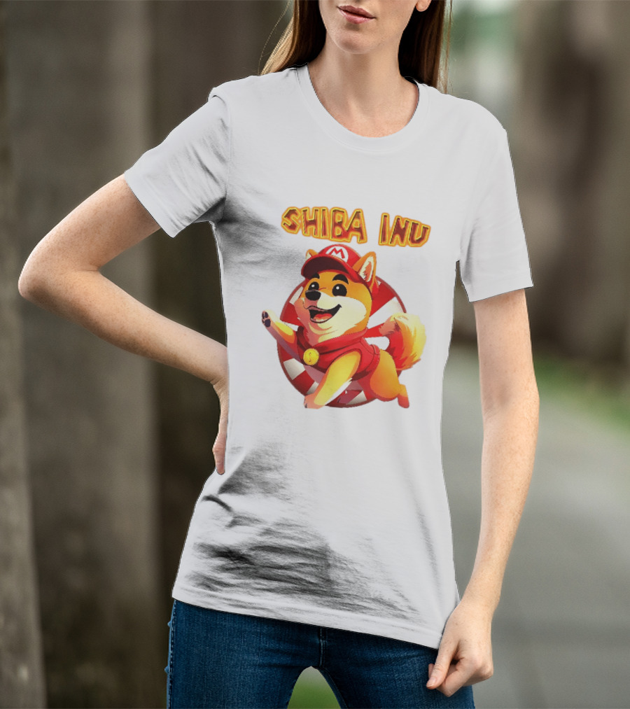 Shiba Inu Cartoon Dog Mario Red Cap Vest Running Striped T-Shirt