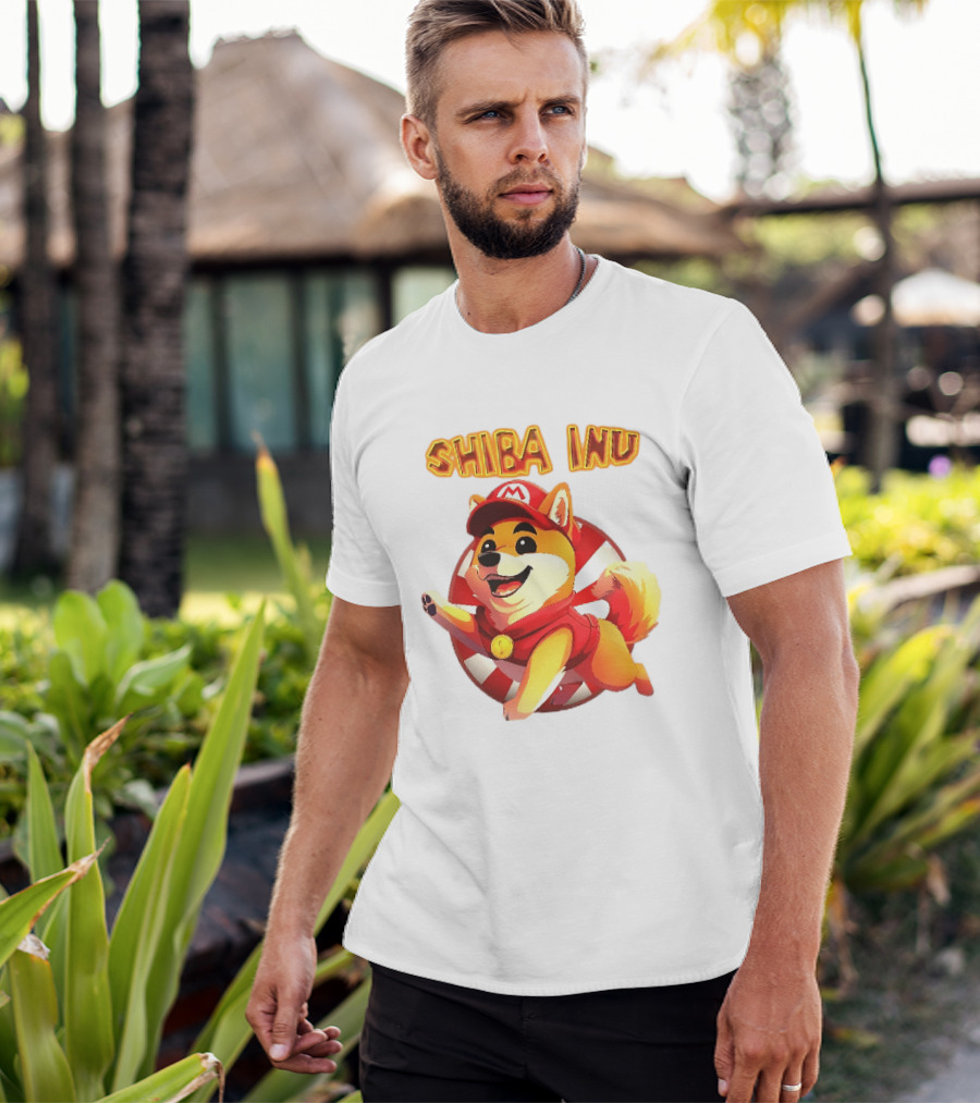 Shiba Inu Cartoon Dog Mario Red Cap Vest Running Striped T-Shirt