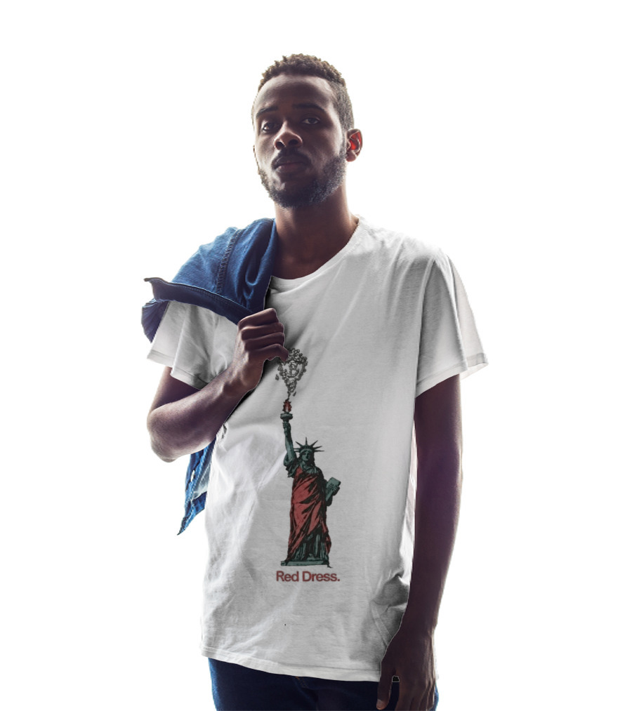 Statue Of Liberty Red Dress Unique Twist On Iconic Monument T-Shirt