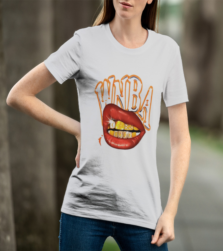WNBA Red Lips Gold Teeth Grillz Glowing Chrome Lettering T-Shirt