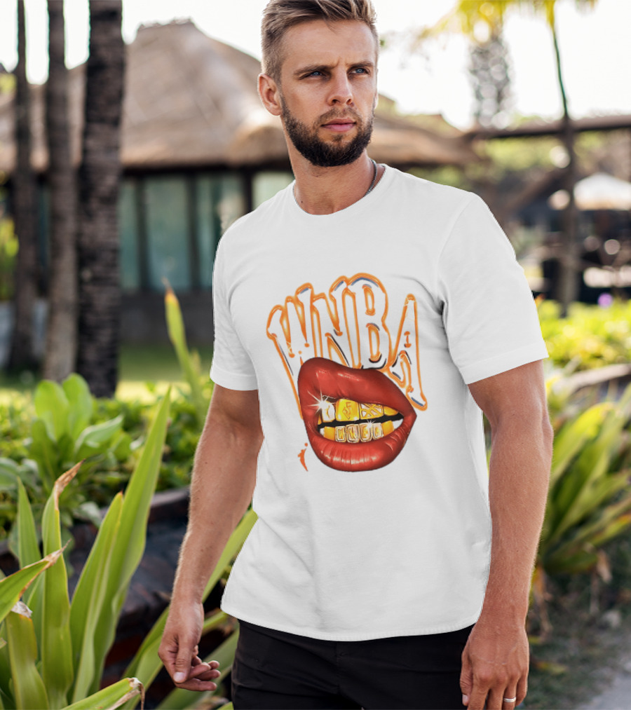 WNBA Red Lips Gold Teeth Grillz Glowing Chrome Lettering T-Shirt