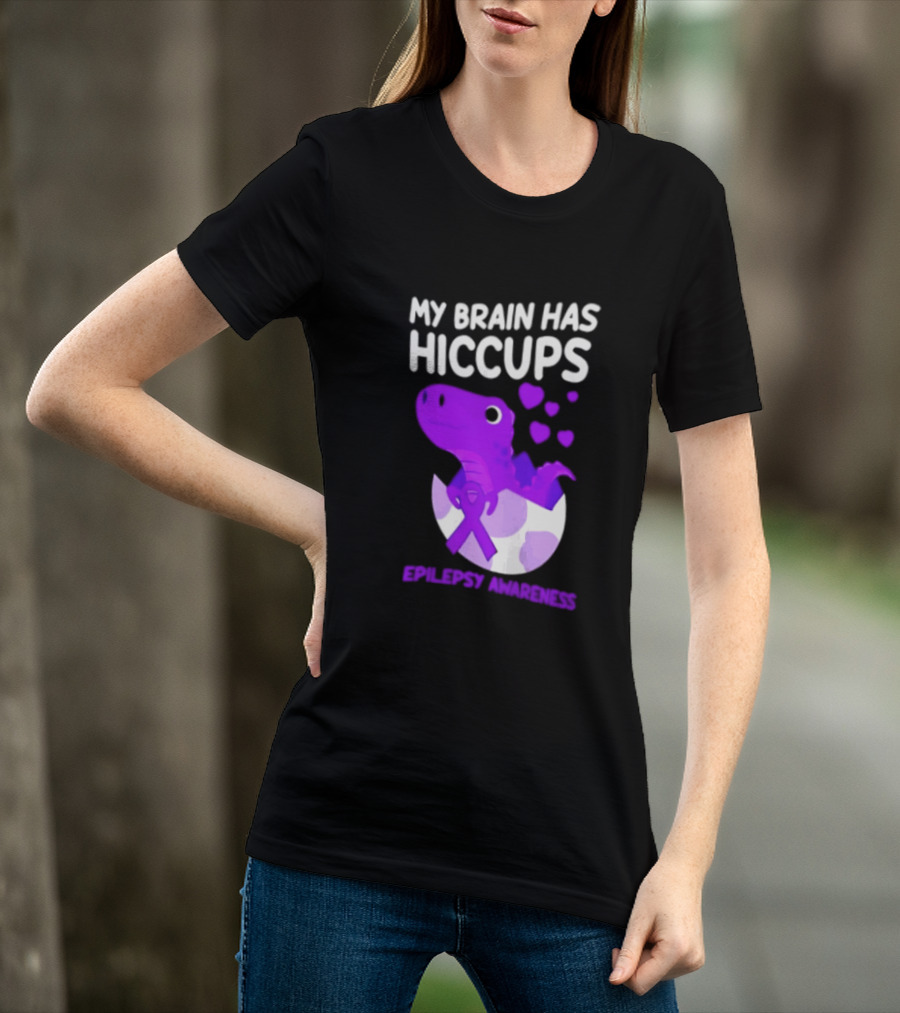 My Brain Has Hiccups Epilepsy Awareness Dinosaur Purple Ribbon Eggshell Hearts T-Shirt