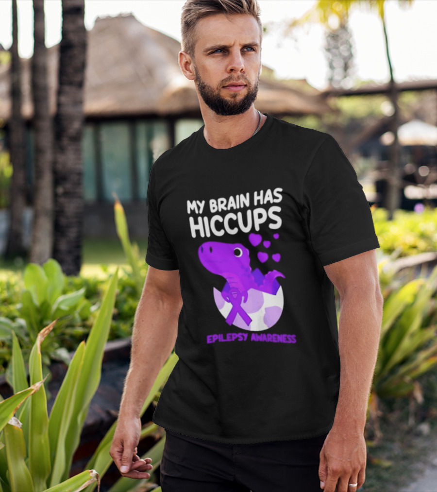 My Brain Has Hiccups Epilepsy Awareness Dinosaur Purple Ribbon Eggshell Hearts T-Shirt