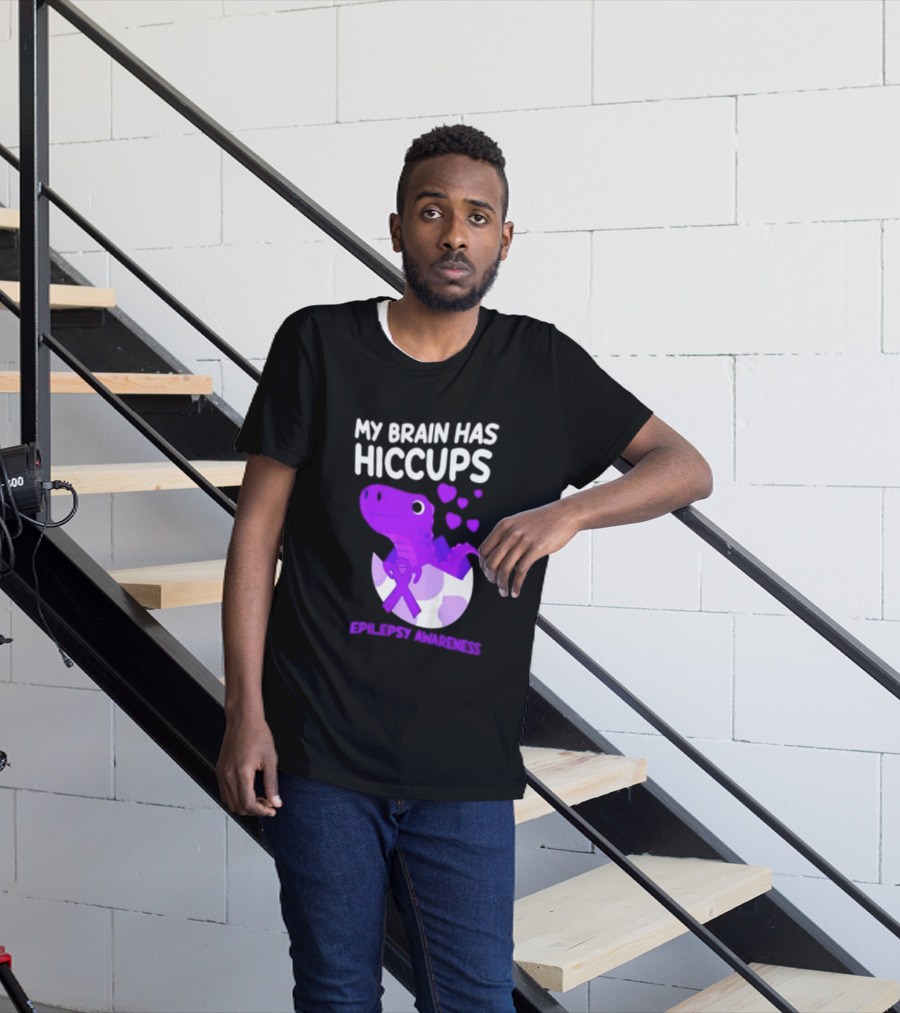 My Brain Has Hiccups Epilepsy Awareness Dinosaur Purple Ribbon Eggshell Hearts T-Shirt