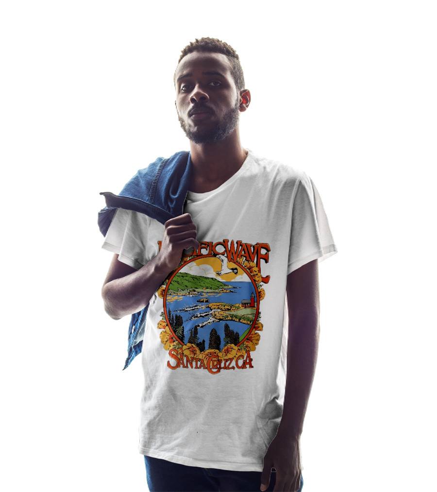 Pacific Wave Santa Cruz CA Coastal Lighthouse Ocean Seagull Flowers Scenic T-Shirt