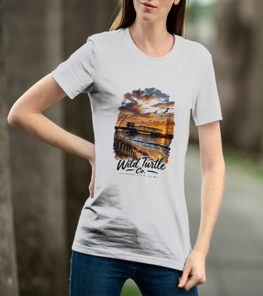 Wild Turtle Co Surf City NC Beach Dunes Pier Sunset Flying Birds T-Shirt