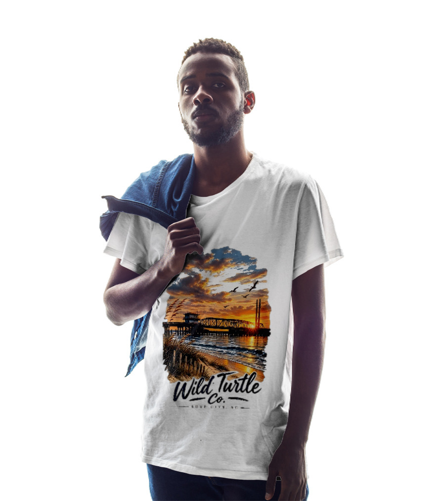 Wild Turtle Co Surf City NC Beach Dunes Pier Sunset Flying Birds T-Shirt