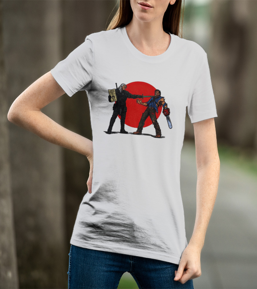 Geralt Vs Ash Evil Dead Or Alive Red Circle Showdown T-Shirt